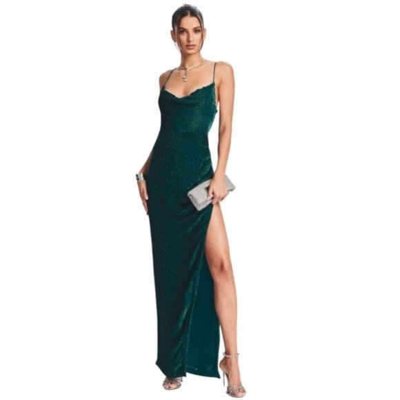 Retrofete Katya Dress Green Sz Small Sequins Gown Cowl Neckline High Slit $795 - Picture 4 of 12